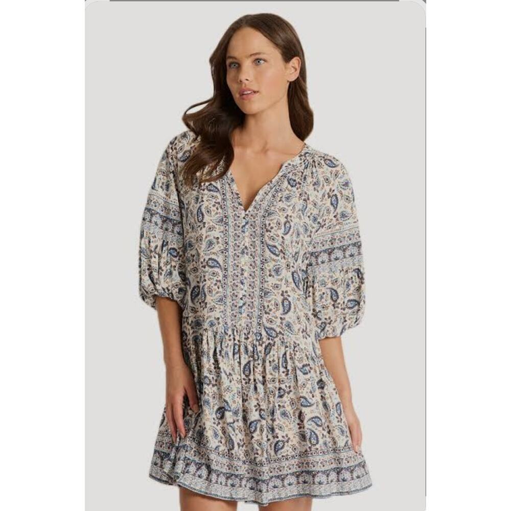 Saints & Hearts Western Puff Sleeve Mini Dress Coastal Cowgirl Made in USA Sz L